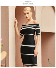 Load image into Gallery viewer, Adyce 2021 New Summer Women Black Off Shoulder Party Bandage Dress Sexy Short Sleeve Striped Celebrity Evening Hot Bodycon Dress
