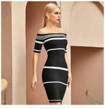 Load image into Gallery viewer, Adyce 2021 New Summer Women Black Off Shoulder Party Bandage Dress Sexy Short Sleeve Striped Celebrity Evening Hot Bodycon Dress
