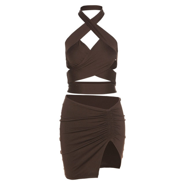 Bandage Bodycon Mini Dress Women Halter Bralette Crop Top And Skirt Set Sexy Outfit Hollow Out Backless Night Club Party Dress