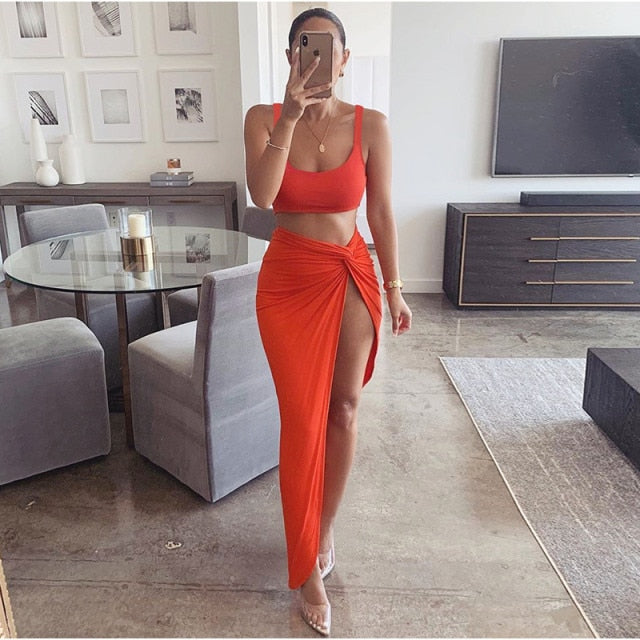 2021 NewAsia Sexy Party 2 Piece Set Women Plus Size Crop Top Twist Side Split Long Skirts Matching Sets Club Two Piece Outfits 2021