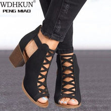 Load image into Gallery viewer, 2021 Women Square Heel Sandals Peep Toe Hollow Out Chunky Gladiator Sandals with Strap Black Spring Summer Shoes HVT791
