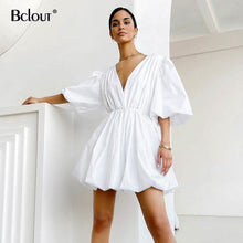 Load image into Gallery viewer, Bclout Elegant White Pink V Neck Bodycon Dress Women 2021 Summer Puff Sleeve Short Dress Casual A-Line Pleated Vestido Lady
