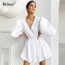 Load image into Gallery viewer, Bclout Elegant White Pink V Neck Bodycon Dress Women 2021 Summer Puff Sleeve Short Dress Casual A-Line Pleated Vestido Lady
