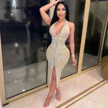 Load image into Gallery viewer, ANJAMANOR Glitter Rhinestones Nude Mesh Bodycon Dresses Women Party Club Deep V Neck Halter Backless Split Midi Dress D42-DH25
