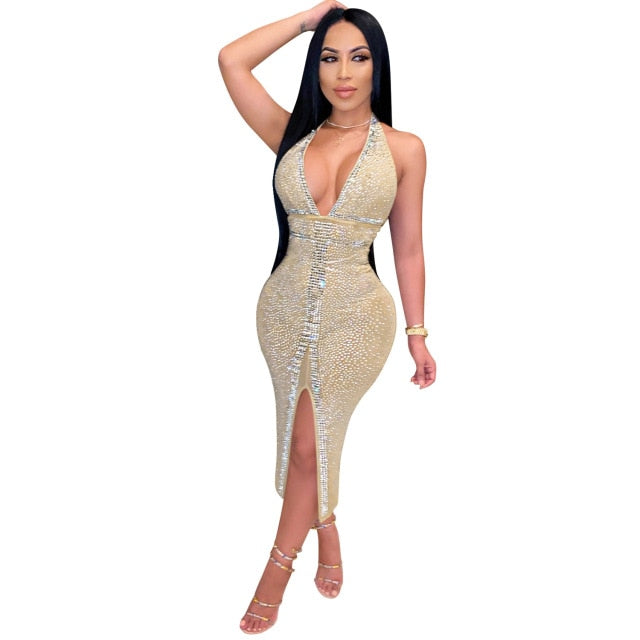 ANJAMANOR Glitter Rhinestones Nude Mesh Bodycon Dresses Women Party Club Deep V Neck Halter Backless Split Midi Dress D42-DH25