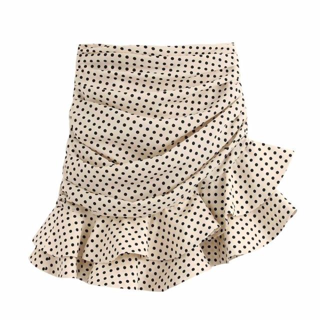 2021 new JFB women vanilla polka dot High-waisted mini skirt Ruching detail Ruffled hem Back hidden in-seam zip closure skirt