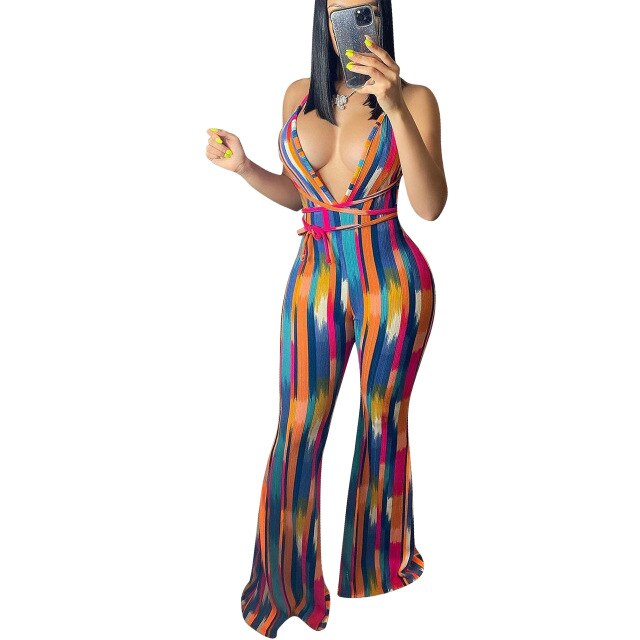 ANJAMANOR Halter Backless Striped Jumpsuit Womens Summer Clothing 2021 African Flare Pants Suits Sexy Club Outfits D89-CC36