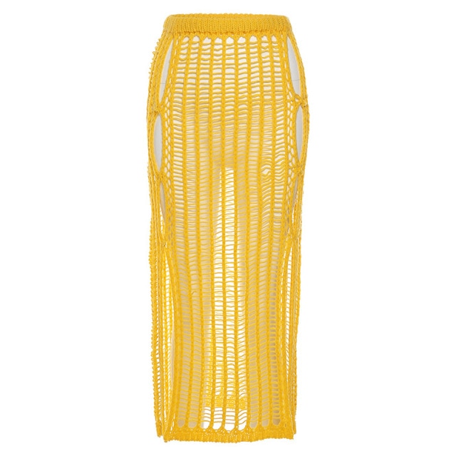 ANJAMANOR Sexy Crochet Knitted Long Skirts Summer Vacation Outfits Beach Club Wear Hollow Out Split Maxi Skirt Yellow D83-DC17