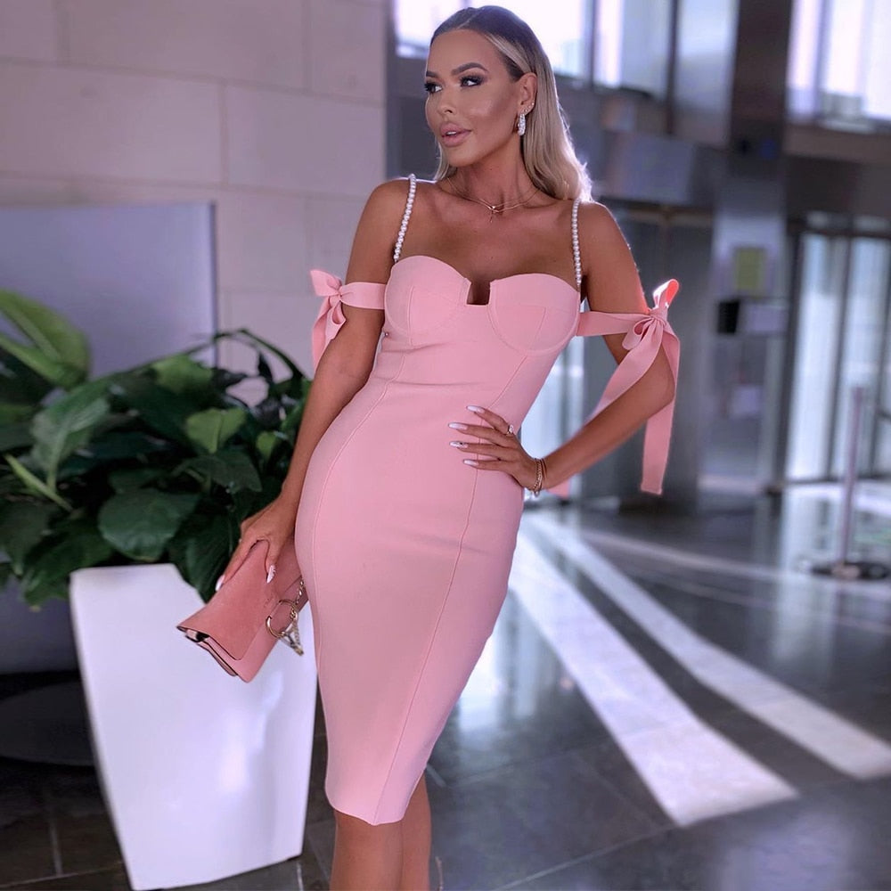 bandage dress for women 2021 new arrival pink bodycon dress beaded off shoulder sexy birthday party dress evening club outfits