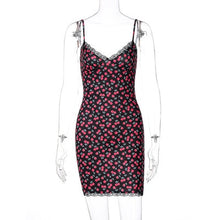 Load image into Gallery viewer, ALLNeon 2000s Fashion Lace Trim Bodycon Summer Dress Kawaii Vintage Cherry Print Cami Dress Y2K Sexy Clubwear Backless 2021 New
