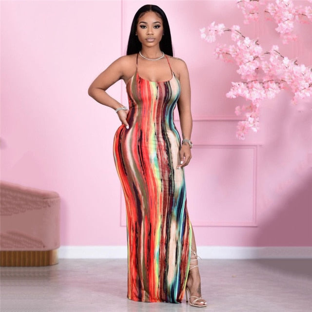 Backless Split Strap Bodycon Maxi Dress Color Block Sleeveless Summer 2021 For Sexy Women Night Party Club Robe