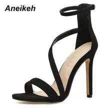 Load image into Gallery viewer, Aneikeh New Fashion Sexy Design Women Narrow Band Buckle Thin High Heels Black Faux Suede Open Toe Dress Sandals Shoe 35-42
