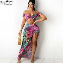 Load image into Gallery viewer, Bonnie Forest Womens Bohemian Leaf Print Front Lace-Up Top &amp; Slit Skirt Set Two-Piece Suits Vacation Outfits Summer Sundress
