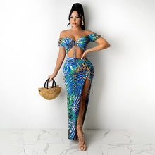 Load image into Gallery viewer, Bonnie Forest Womens Bohemian Leaf Print Front Lace-Up Top &amp; Slit Skirt Set Two-Piece Suits Vacation Outfits Summer Sundress
