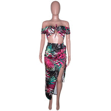 Load image into Gallery viewer, Bonnie Forest Womens Bohemian Leaf Print Front Lace-Up Top &amp; Slit Skirt Set Two-Piece Suits Vacation Outfits Summer Sundress
