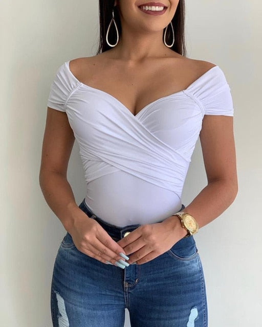 Blouse Women V Neck Shrot Sleeve Shirts Summer Elegant Office Ladies Slim Fit Off Shoulder Solid Color Womens Sexy Tops