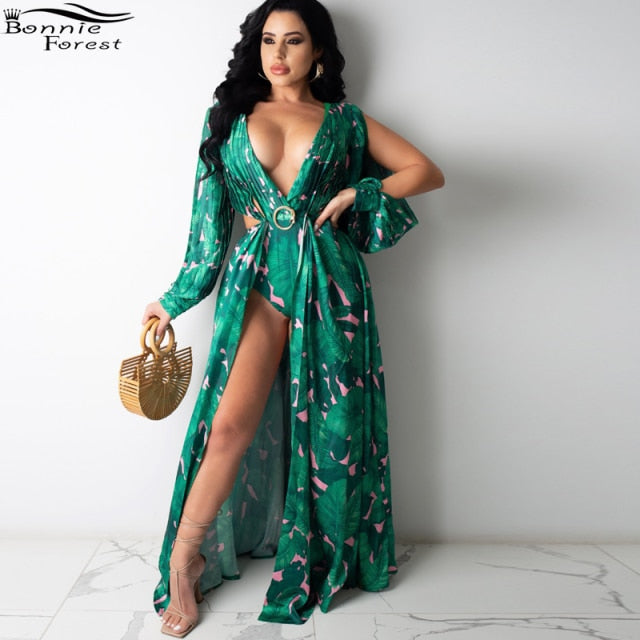 Bonnie Forest Bohemian Palm Print O-Ring Cut Out High Slit Bodysuit Maxi Dress Vacation Outfits Summer Party Gowns Plus Size