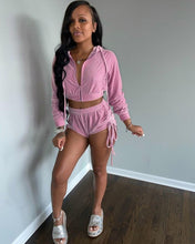 Load image into Gallery viewer, ANJAMANOR Pink Velvet Sexy Sporty 2 Piece Sets Womens Outfits Casual Tracksuit Long Sleeve Hoodies Crop Tops and Shorts D13-DC43
