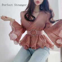 Load image into Gallery viewer, 2021 Summer New Arrival Elegant V Collar Pleated Flare Sleeve Collect Waist Woman Chiffon Blouse
