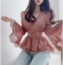 Load image into Gallery viewer, 2021 Summer New Arrival Elegant V Collar Pleated Flare Sleeve Collect Waist Woman Chiffon Blouse
