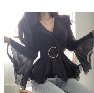 2021 Summer New Arrival Elegant V Collar Pleated Flare Sleeve Collect Waist Woman Chiffon Blouse