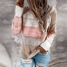 Load image into Gallery viewer, Autumn Women Patchwork Hooded Sweater Long Sleeve V-neck Knitted Sweater Casual Striped Pullover Jumpers 2020 New Female Hoodies
