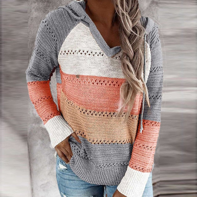 Autumn Women Patchwork Hooded Sweater Long Sleeve V-neck Knitted Sweater Casual Striped Pullover Jumpers 2020 New Female Hoodies