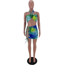 Load image into Gallery viewer, Bonnie Forest Bohemian Plam Print Two Piece Dress Summer Womens Halter Neck Crop Top And Side Lace-Up Skirt Set Vacation Outfits
