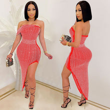 Load image into Gallery viewer, Bonnie Forest Sparkle Rhinestone Studded Irregular Party Dress Summer One Sleeve Strapless Sequins Midi Dress Birthday Outfits
