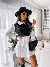 Load image into Gallery viewer, Autum Dress Women&#39;s Clothing 2021 Leather Patchwork Long Sleeve Mini Dresses Plaid Ruffles Dress For Woman Vestiods Femme Robes
