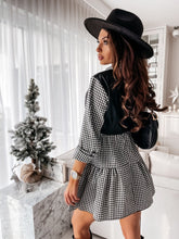 Load image into Gallery viewer, Autum Dress Women&#39;s Clothing 2021 Leather Patchwork Long Sleeve Mini Dresses Plaid Ruffles Dress For Woman Vestiods Femme Robes
