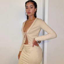 Load image into Gallery viewer, 2021 Dulzura ribbed women two piece set crop top cardigan long sleeve mini skirt bodycon sexy streetwear matching club autumn winter
