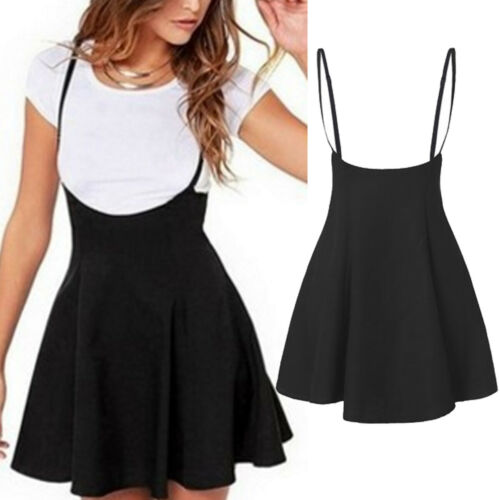 2021 Women's High Waist Strap Mini Skirt Pleated Skater Overall Flare Suspender Skirt