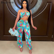 Load image into Gallery viewer, Beyprern Beautiful Halter Neck Printed Crop Top And Pants Set (Aqua Multi) Sumner Womens Two-Piece Suits Party Club Overalls
