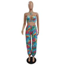 Load image into Gallery viewer, Beyprern Beautiful Halter Neck Printed Crop Top And Pants Set (Aqua Multi) Sumner Womens Two-Piece Suits Party Club Overalls
