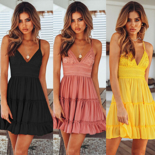 2021 New Women Summer Black Backless Layers Sweet Boho Short Mini Dress V Neck High Waist Evening  Party Beach Dresses Sundress