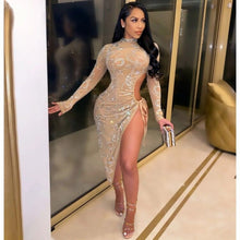 Load image into Gallery viewer, Beyprern Beautiful Crystal Embellished Dress Sparkle Womens Long Sleeve Side Slit Rhinestones Party Club Dress Birthday Outfits
