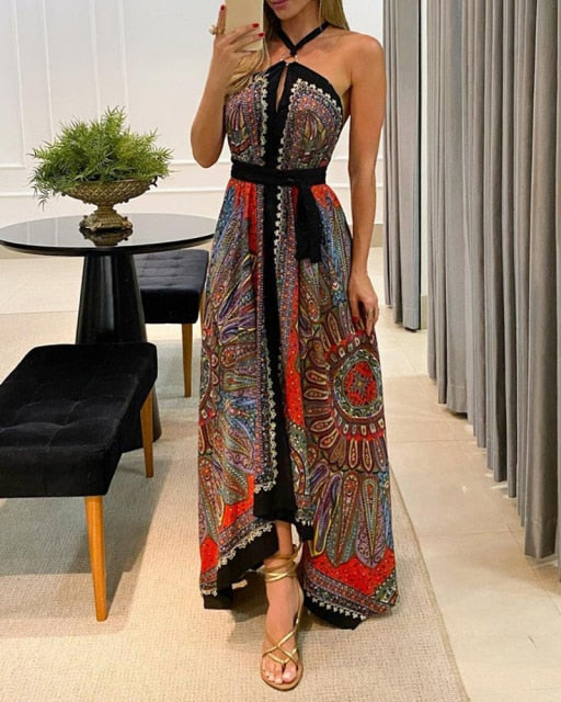 2021 Summer Elegant Scarf Print Backless High Slit Long Dress Sexy Bandage Halter Asymmetric Women's Boho Maxi Dresses Holiday