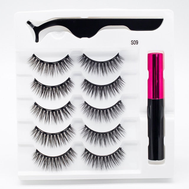 5 Pairs/Set Magnetic Eyelashes False Lashes Repeated Use Eyelashes Waterproof Liquid Eyeliner With Tweezer Makeup Set