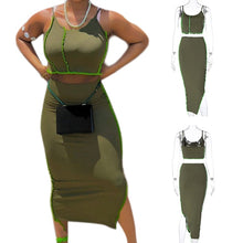 Load image into Gallery viewer, Bodycon Athleisure Patchwork Women 2 Piece Sets Strap Club Fashion Casual Crop Top and Side Slit Skirt Matching Set
