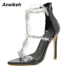 Load image into Gallery viewer, Aneikeh 2021 New Novelty CRYSTAL Bling Sequined Cloth Modern Sandals Women&#39;s Shoes Sexy Summer Stiletto Heels Party Wedding ZIP
