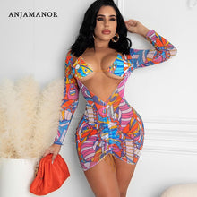 Load image into Gallery viewer, ANJAMANOR Sheer Mesh Print Long Sleeve Bodycon Dress Women Two Pieces Matching Sets Sexy Beach Outfits Vacation D85-BI14
