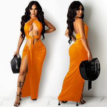 Load image into Gallery viewer, Bonnie Forest Fashion Halter Neck Cut Out High Slit Maxi Dress Summer Sleeveless Rings Details Skinny Party Club Dress Rave Wear
