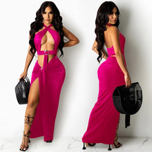 Load image into Gallery viewer, Bonnie Forest Fashion Halter Neck Cut Out High Slit Maxi Dress Summer Sleeveless Rings Details Skinny Party Club Dress Rave Wear
