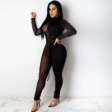 Load image into Gallery viewer, Bonnie Forest Casual Mesh Patchwork Women Jumpsuit (Nude/Black) 2021 Fall Long Sleeve Printed Laced Skinny Rompers Sexy Outfits
