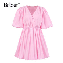 Load image into Gallery viewer, Bclout Elegant White Pink V Neck Bodycon Dress Women 2021 Summer Puff Sleeve Short Dress Casual A-Line Pleated Vestido Lady
