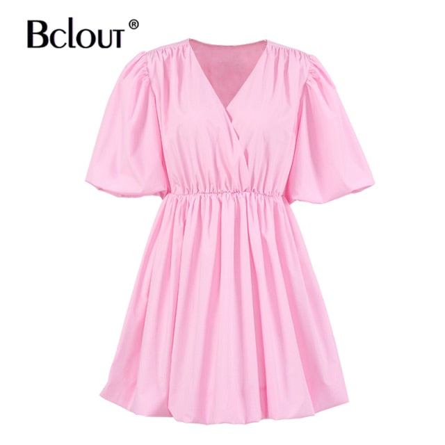 Bclout Elegant White Pink V Neck Bodycon Dress Women 2021 Summer Puff Sleeve Short Dress Casual A-Line Pleated Vestido Lady