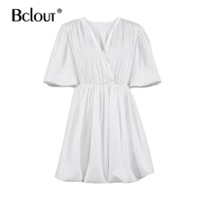 Load image into Gallery viewer, Bclout Elegant White Pink V Neck Bodycon Dress Women 2021 Summer Puff Sleeve Short Dress Casual A-Line Pleated Vestido Lady
