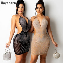 Load image into Gallery viewer, Beyprern Chic Sheer Mesh Patchwork Crystal Studded Short Party Dress New Summer Backless Skinny Party Club Wear Birthday Outfits
