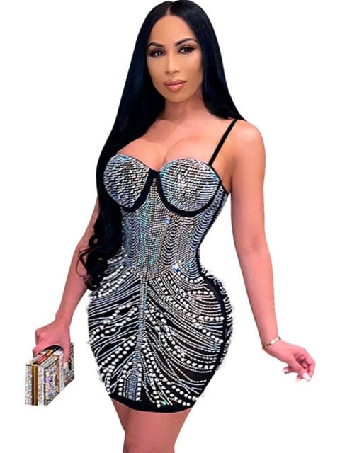 Black Apricot Rhinestone Beaded Bodycon Mini Dress Women Spaghetti Strap Sleeveless Backless Night Club Party Sexy Short Dresses